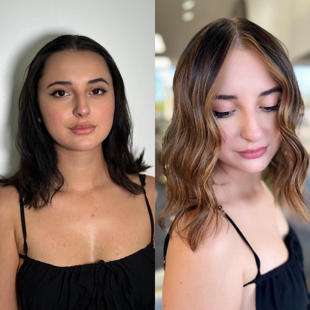 A before and after photo of a woman 's hair