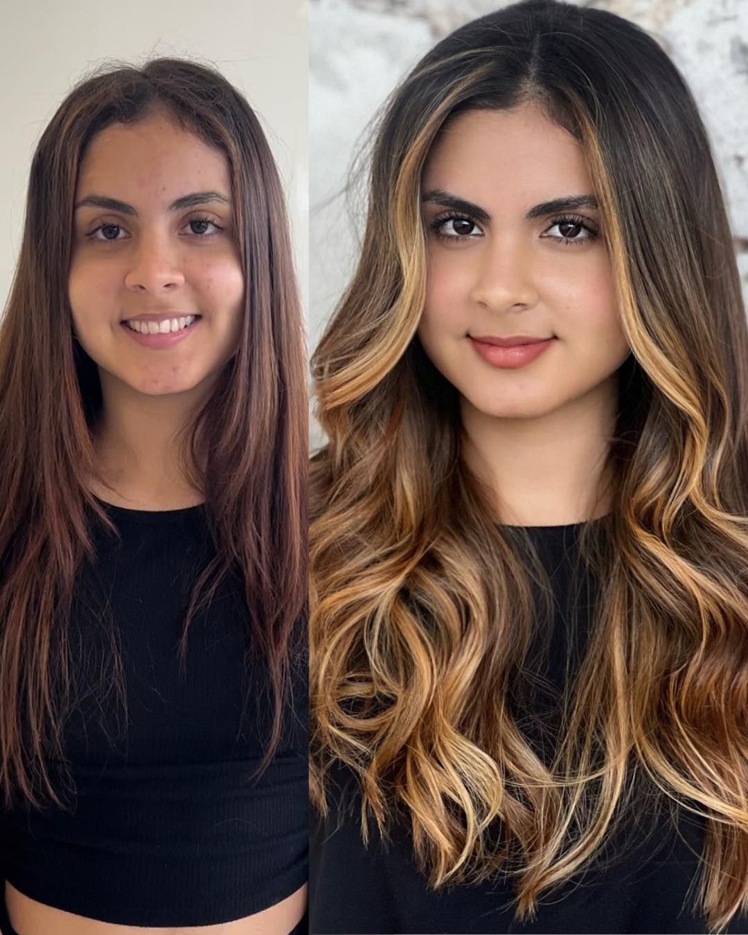 A before and after photo of a woman with long hair.