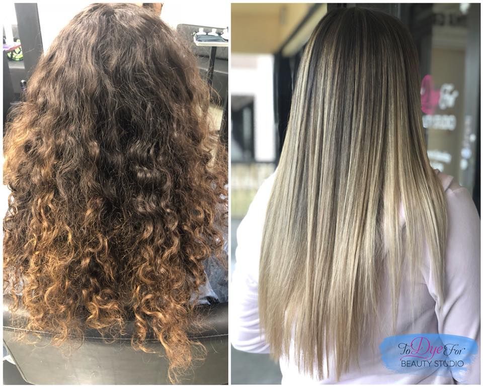A before and after photo of a woman 's hair