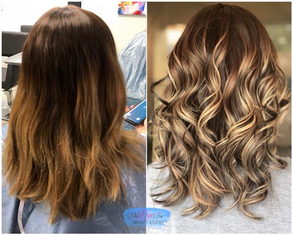 A before and after photo of a woman 's hair.