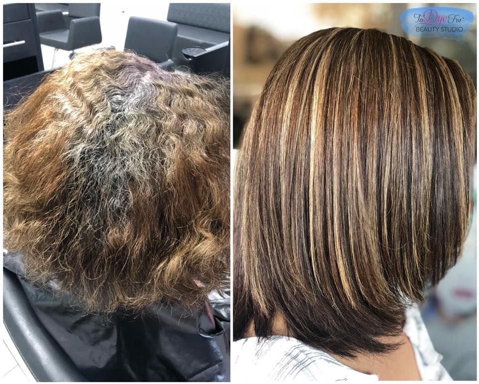 A before and after photo of a woman 's hair in a salon.
