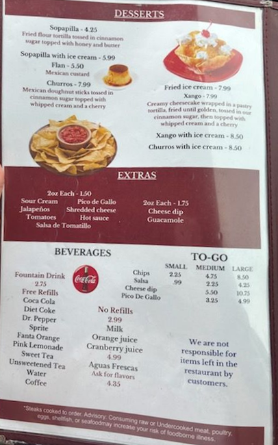 Menu displaying desserts, extras, beverages, and to-go options.