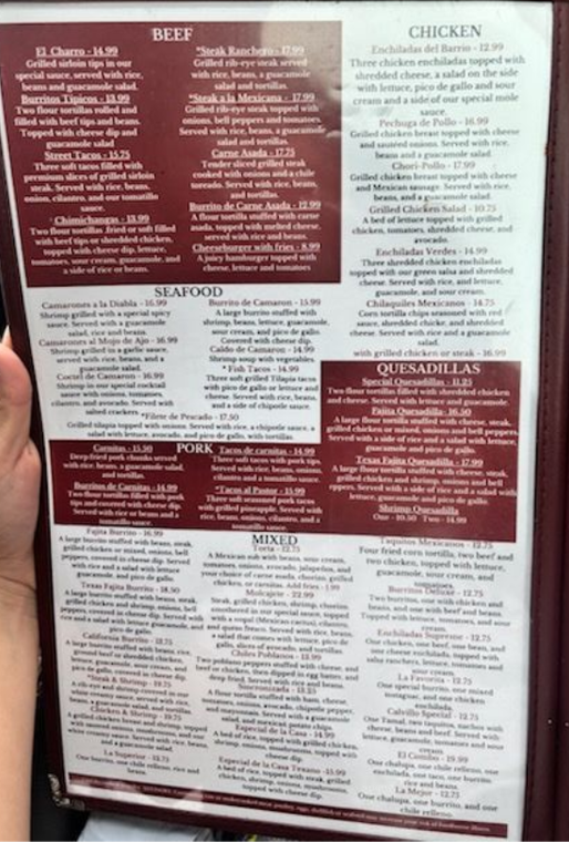 Menu with food categories: beef, chicken, seafood, pork, and mixed.