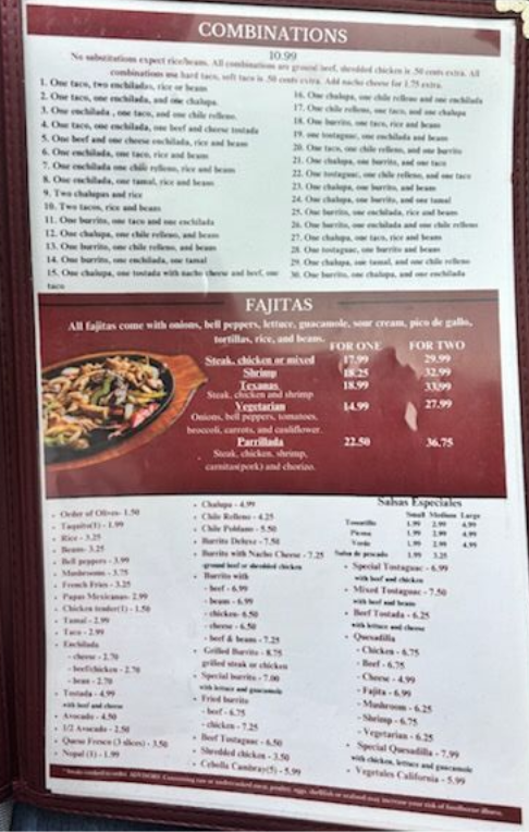 Menu with combinations, fajitas, and other dishes. Brown and white colors.