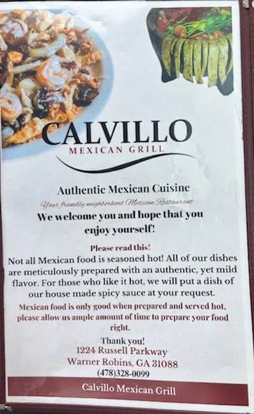 Menu for Calvillo Mexican Grill. Text states mild flavors, homemade spicy sauce available. Location: Warner Robins, GA.