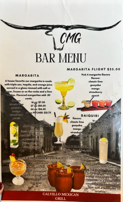 Bar menu with margarita options and a street scene background. Includes text and drink illustrations.