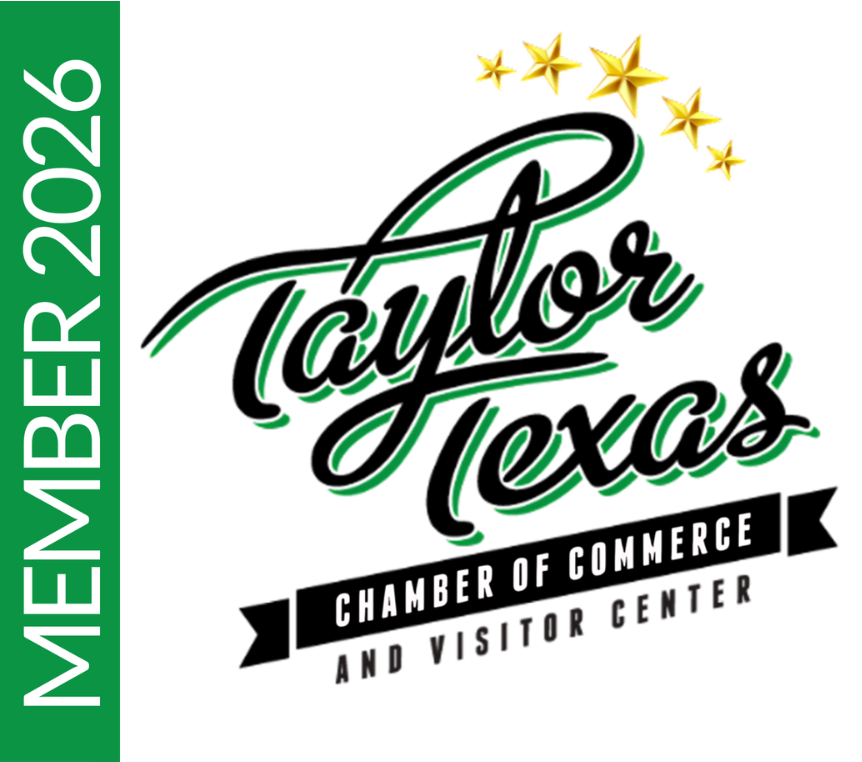 Taylor Texas Chamber of Commerce logo, with black script over Texas outline, gold stars, and green