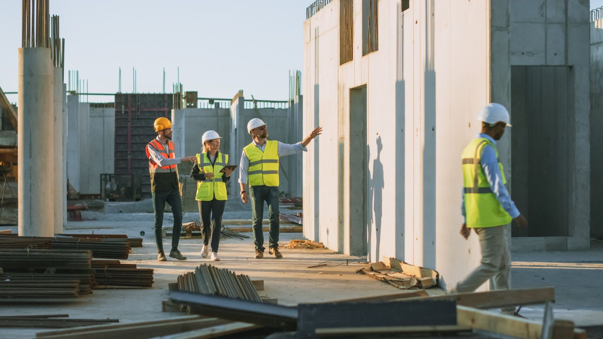 Construction workers inspecting a building site; three pointing at wall, one walking, all wearing safety vests.