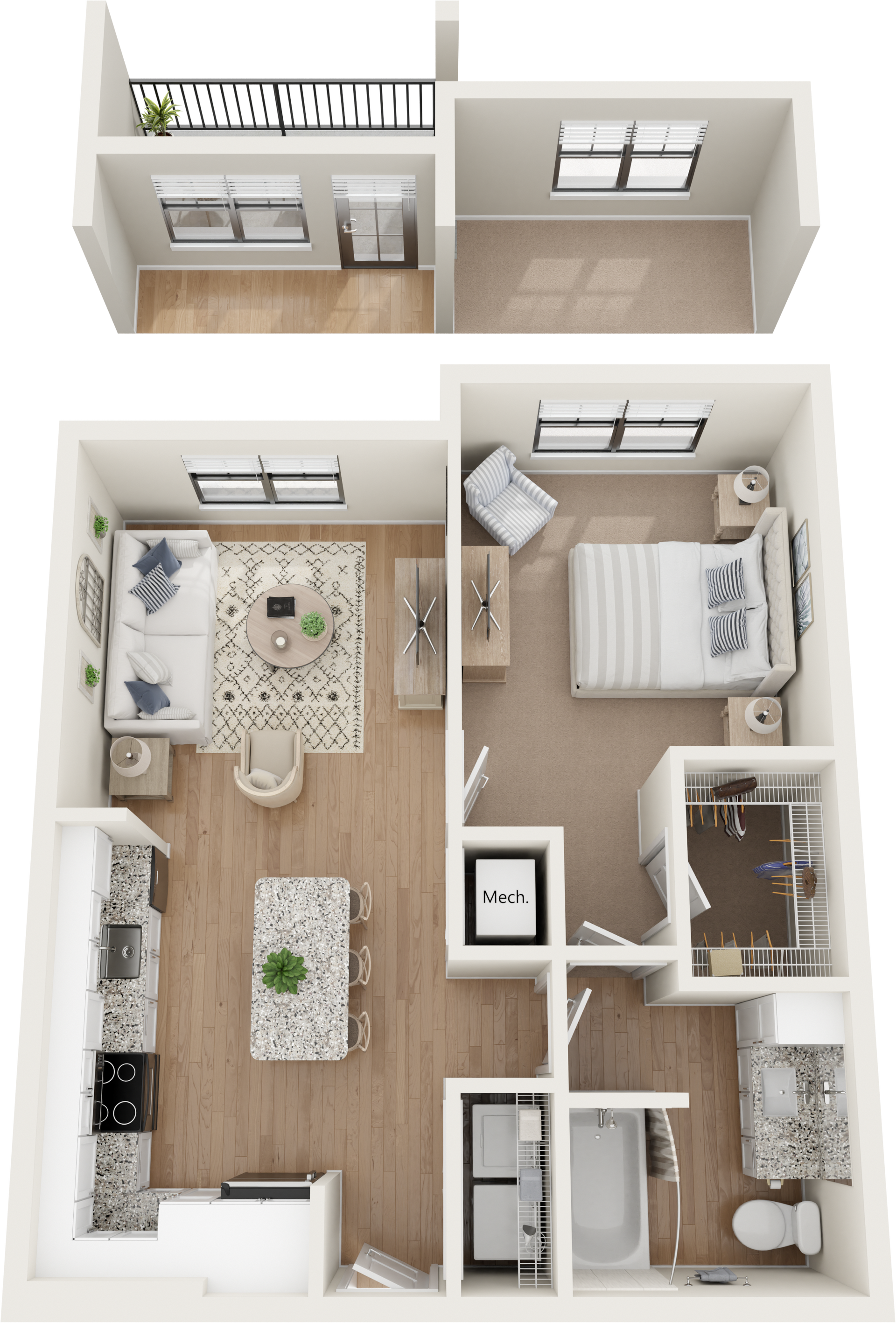 Top-down view of a furnished one-bedroom apartment layout with balcony. Shows living area, bedroom, kitchen, and bathroom.