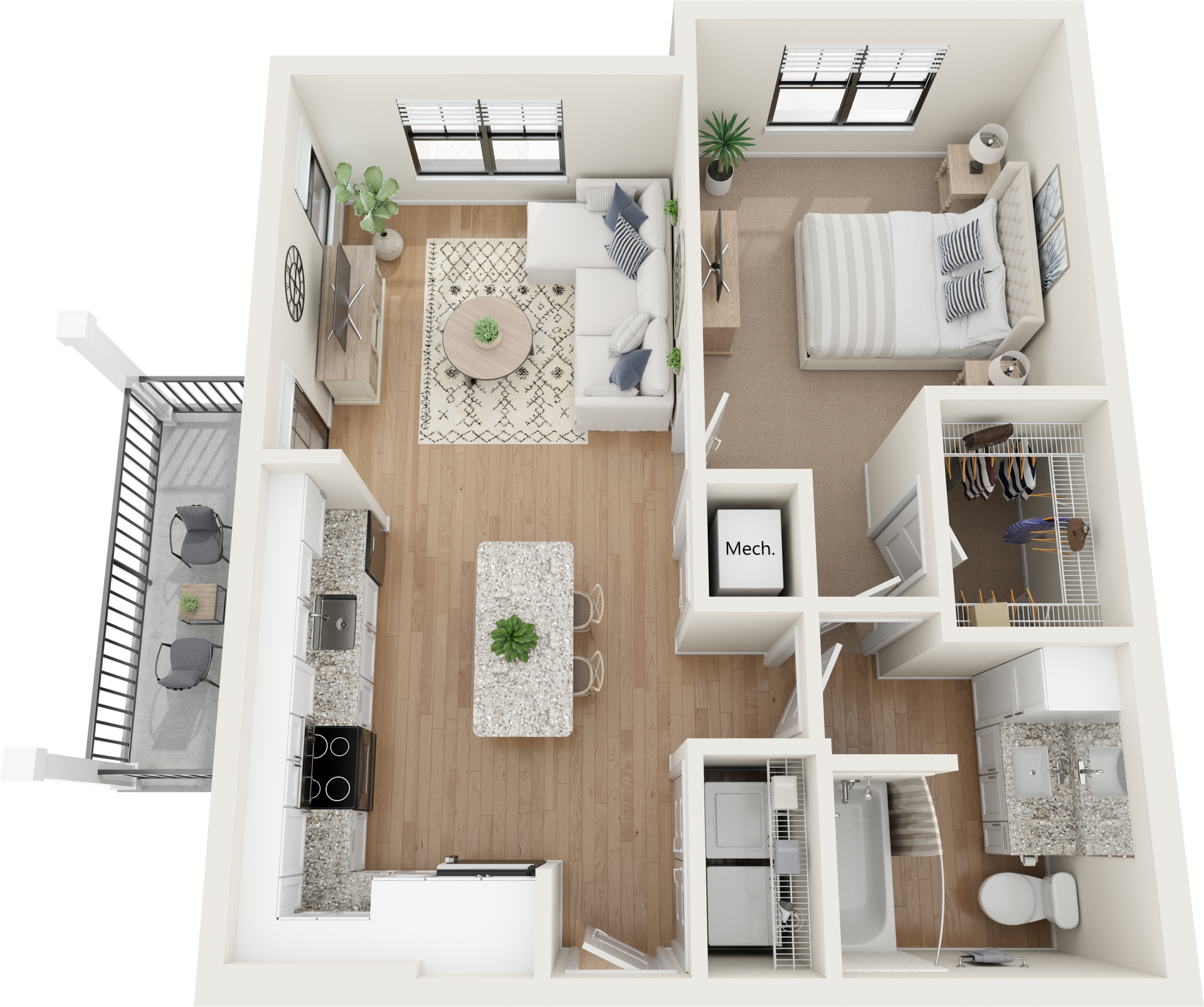 Floorplan of a modern one-bedroom apartment with a balcony. Furnished with neutral tones and a kitchen island.