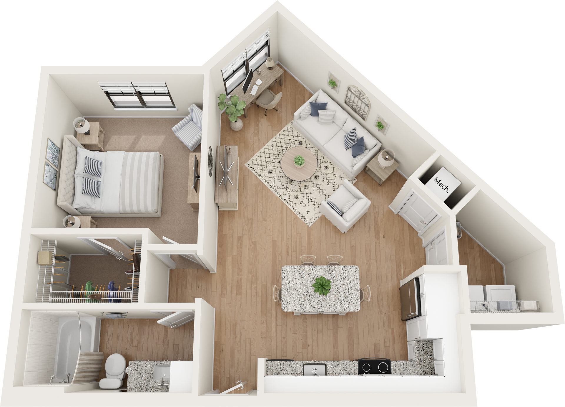 Floor plan rendering of a modern apartment with living area, kitchen, bedroom, and bathroom.