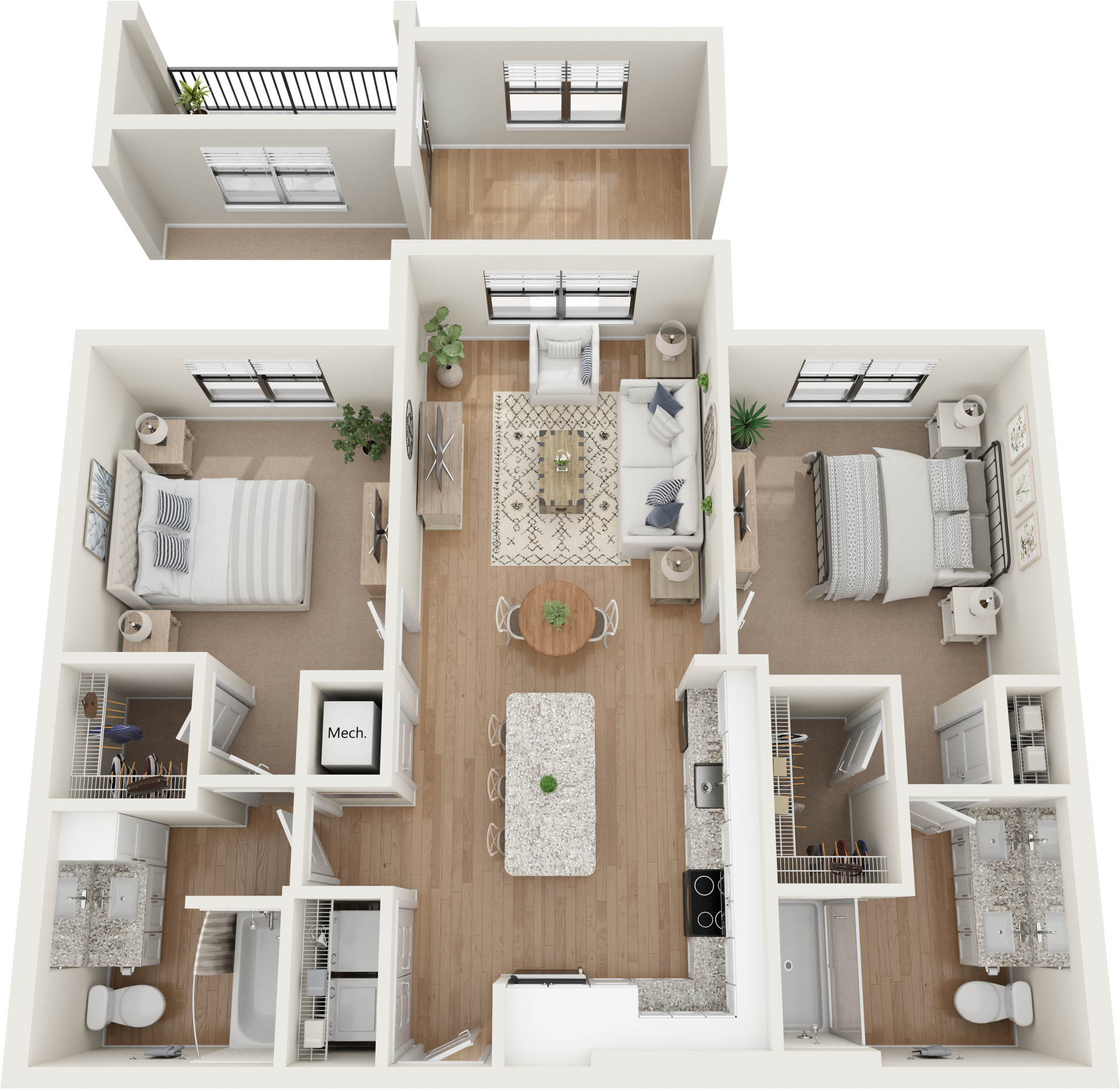 Floor plan of a two-bedroom apartment with a kitchen, living area, and two bathrooms.