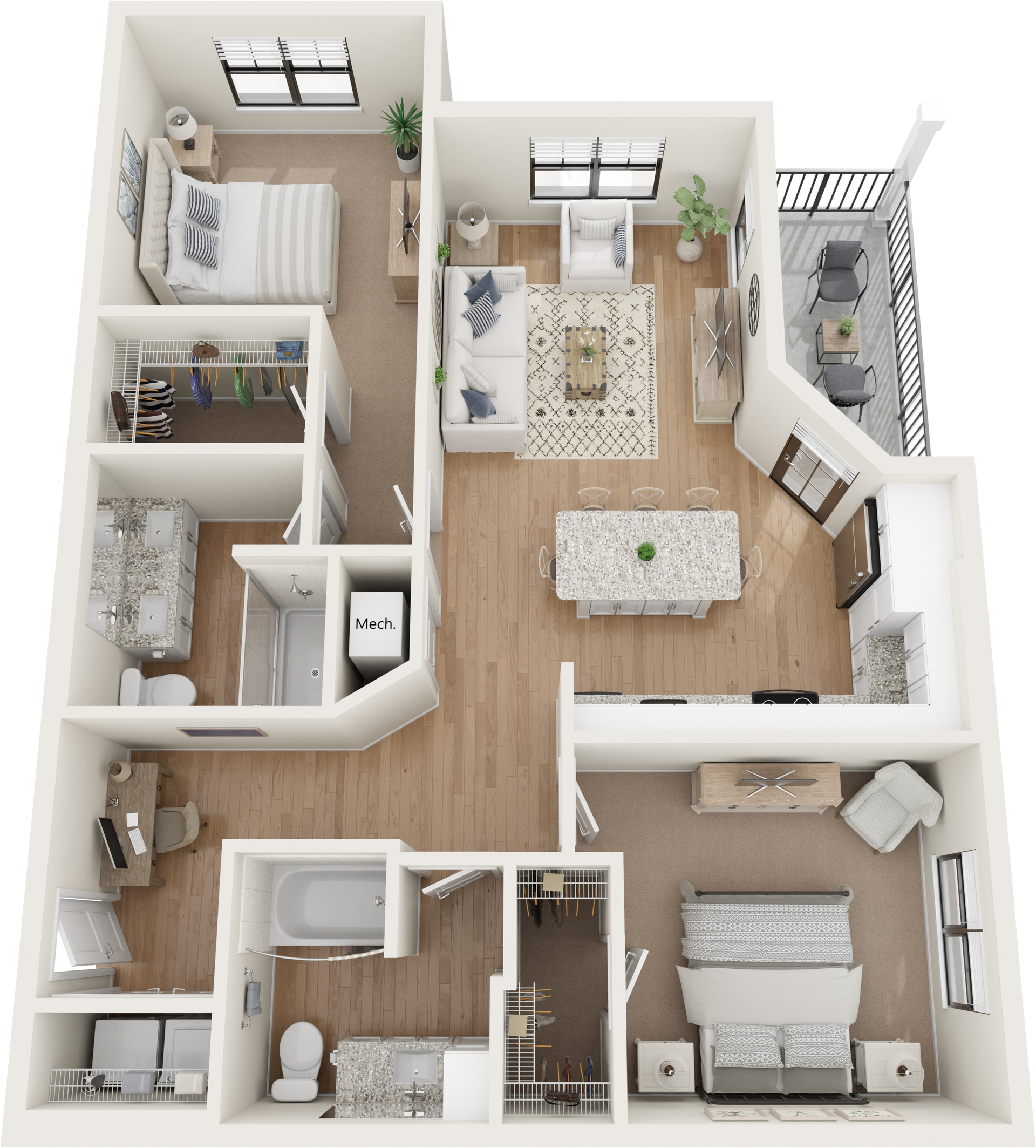 Floor plan of an apartment, showing bedroom, living room, kitchen, and balcony.