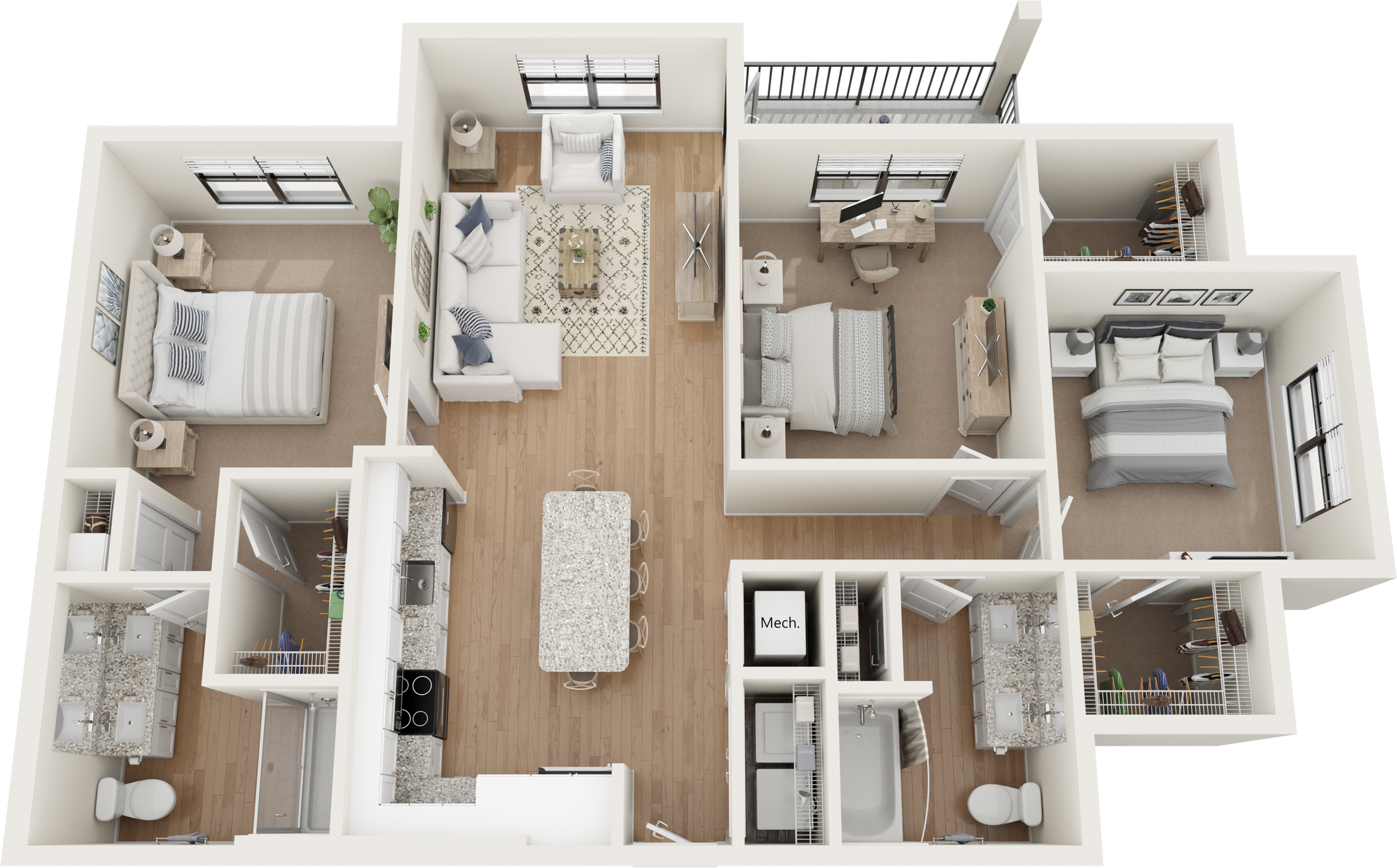 Floor plan of a modern apartment with three bedrooms, kitchen, living room, and balcony.