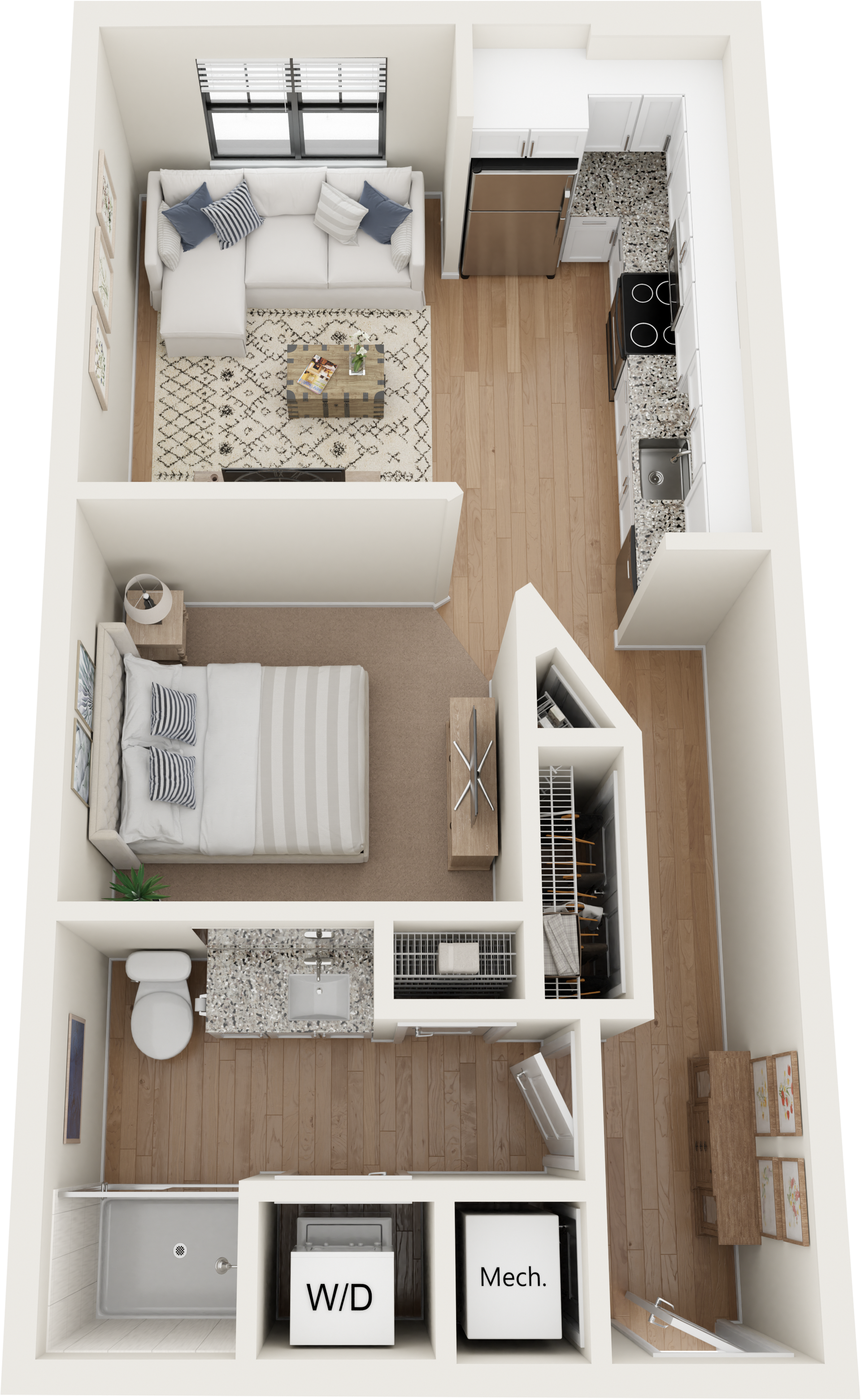 Top-down view of a small studio apartment with living, sleeping, and kitchen areas. Includes washer/dryer, and a small balcony.