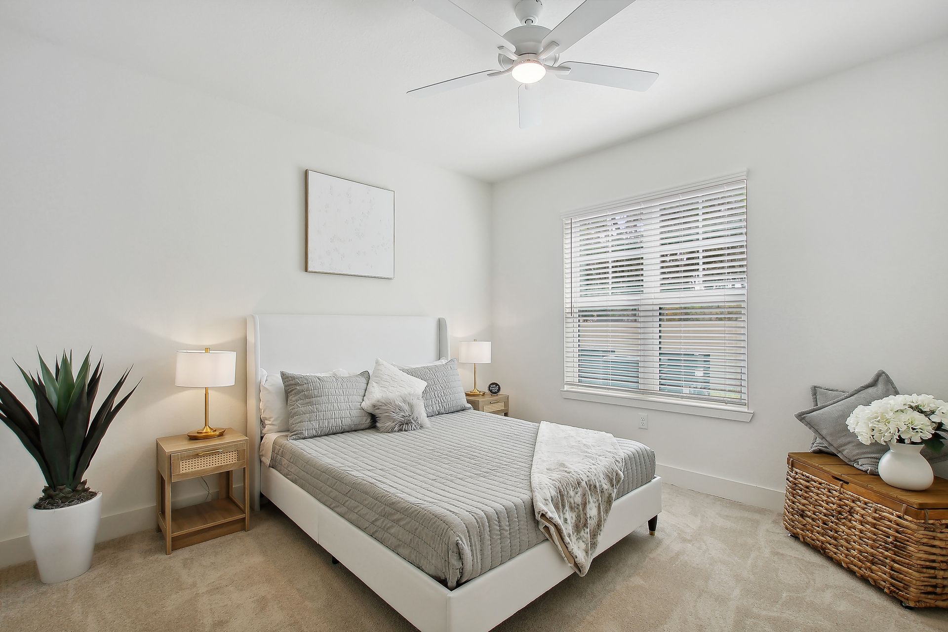 Bright, minimalist bedroom with a bed, plant, small table, and window with blinds.