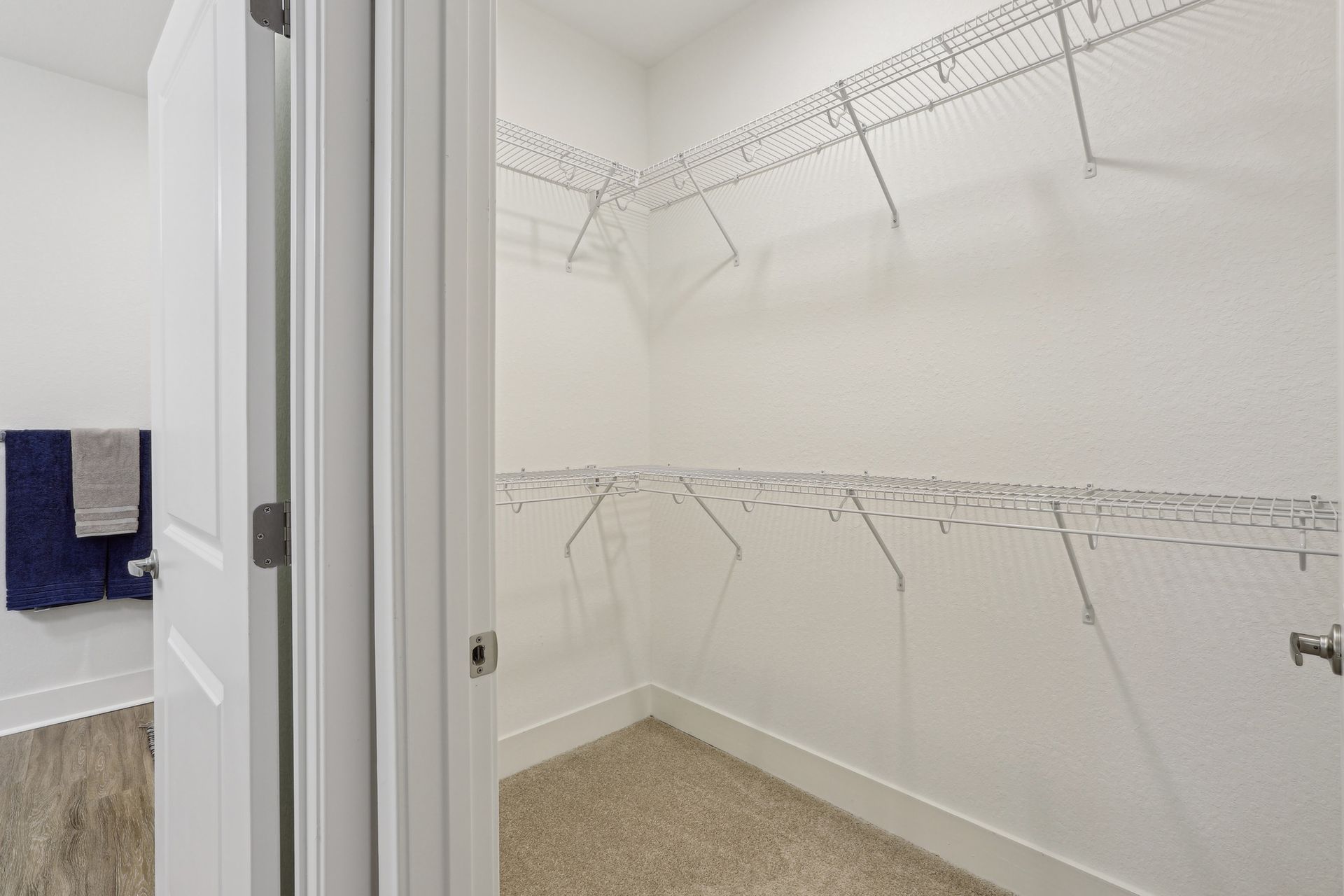 Walk-in closet with wire shelving and tan carpet. White door open, towels on the wall on the left.