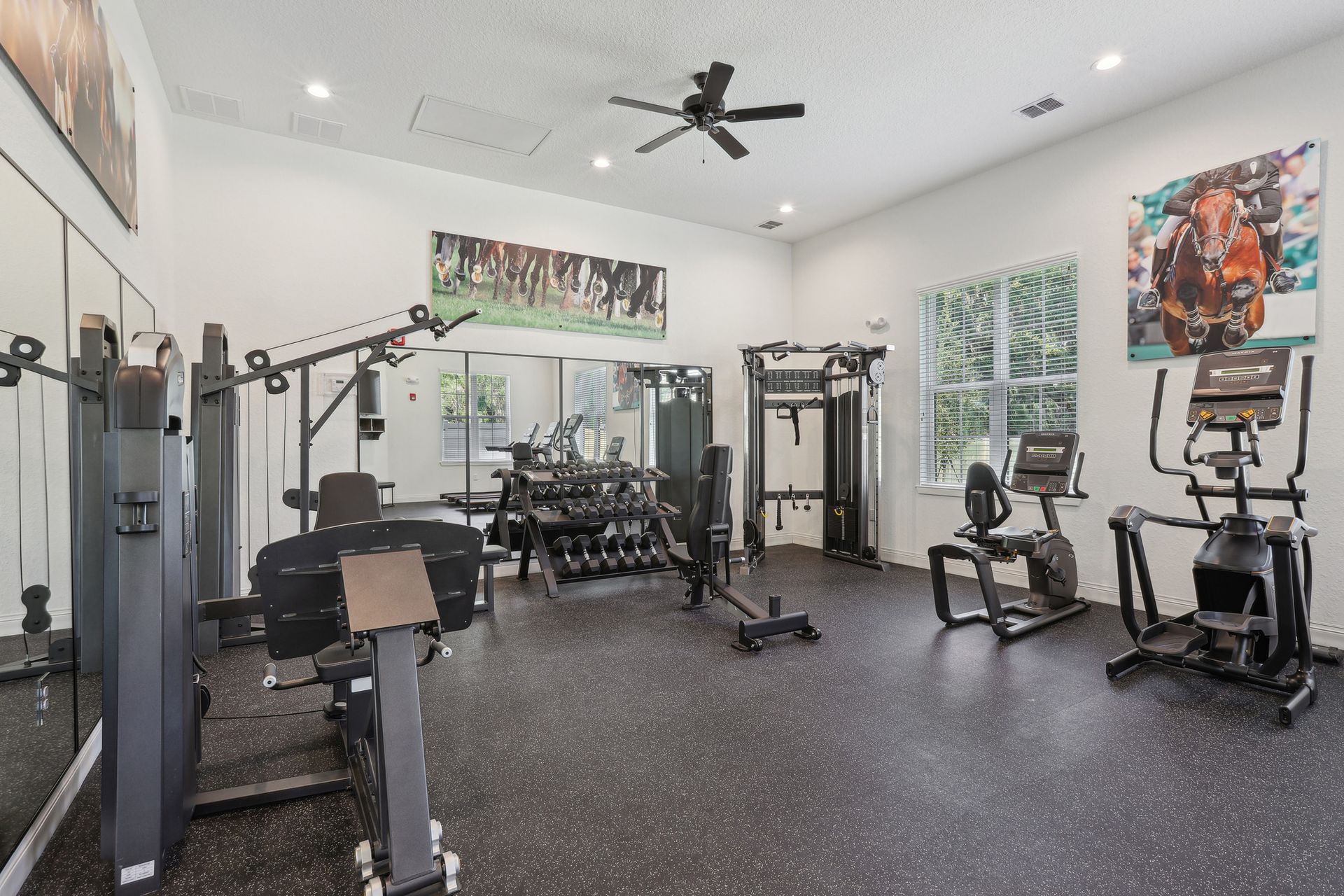Gym with fitness equipment: machines, weights, exercise bikes, and mirrors.
