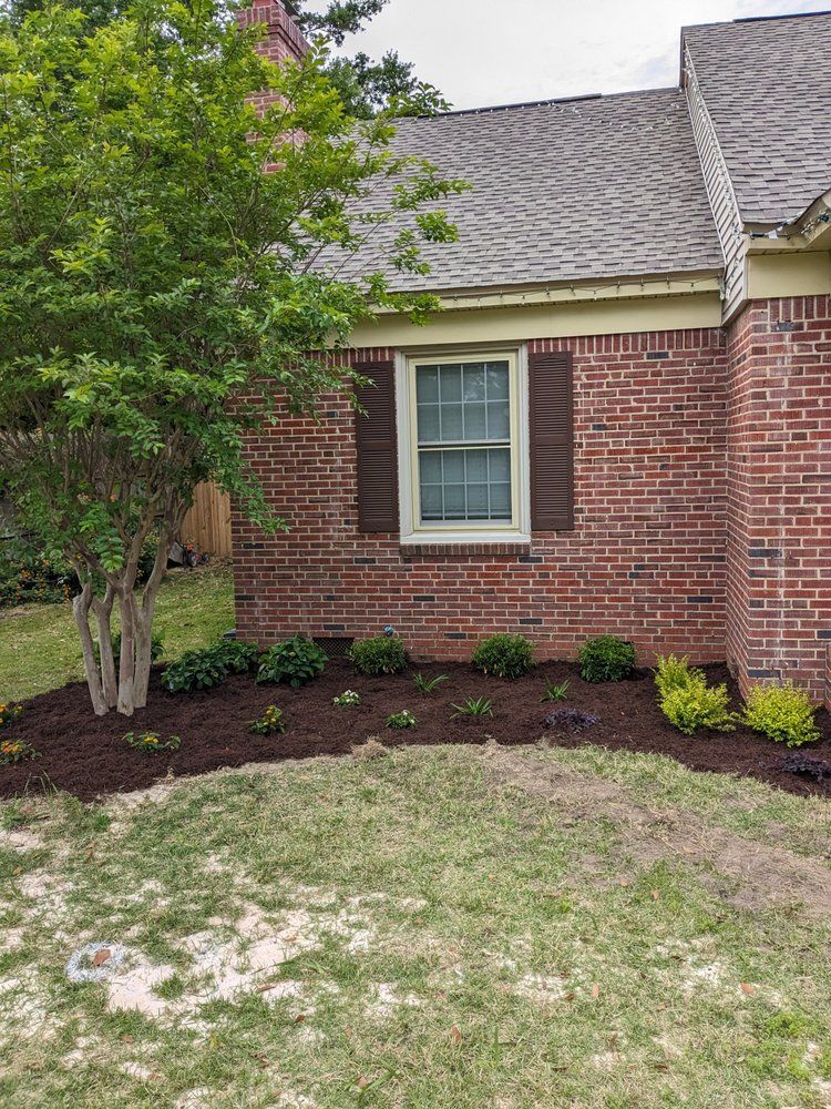 Brick house exterior with white-trimmed window, brown shutters, tree, and mulched flower bed
