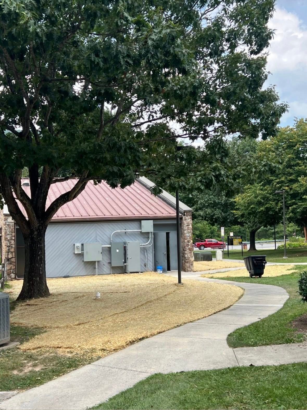A park path leads toward a small grey building with a metal roof, surrounded by a light-colored ground cover under trees.