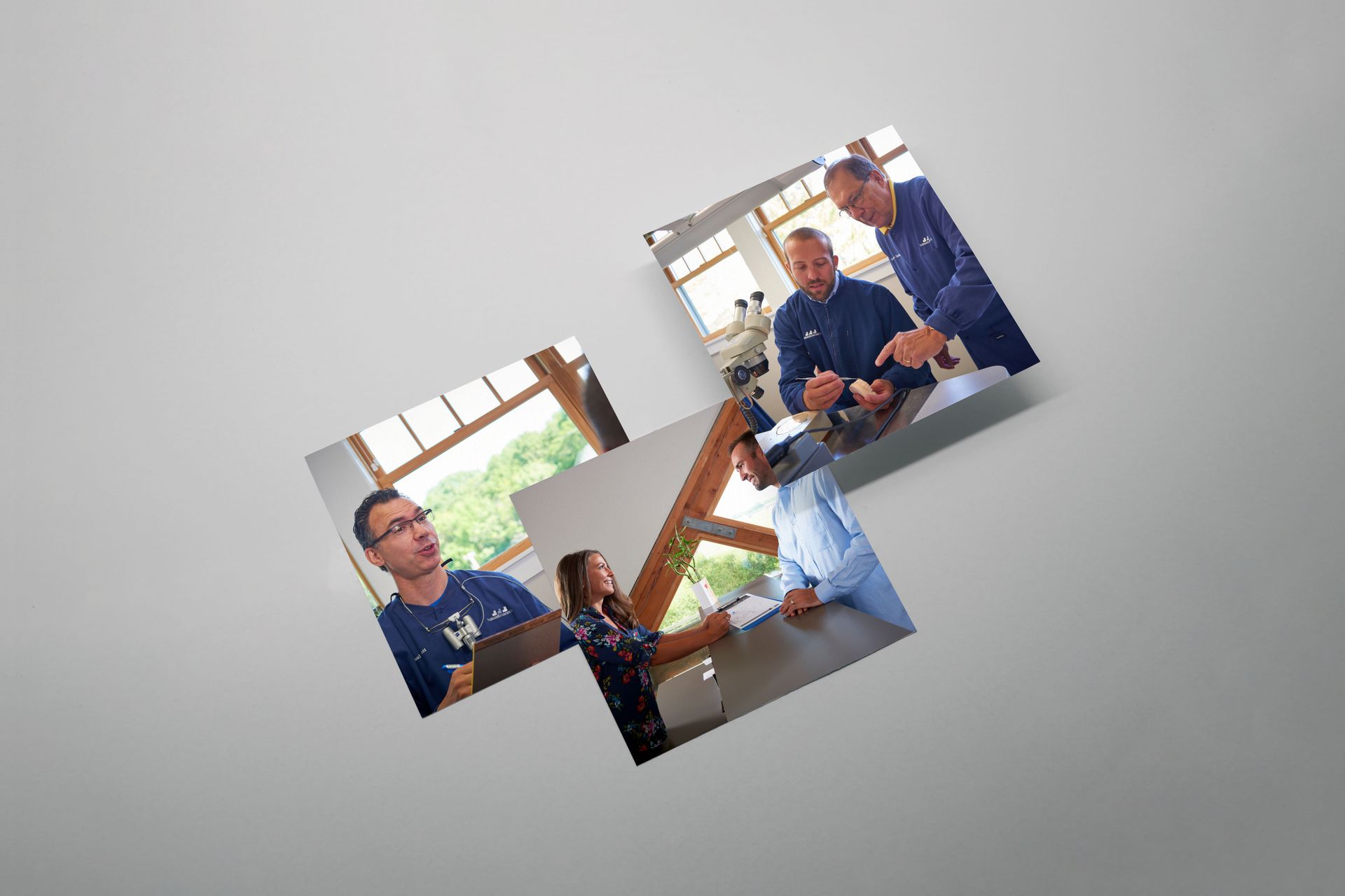 Three images overlapping on a gray background showing people in casual settings, some at tables, interacting and looking at each other.