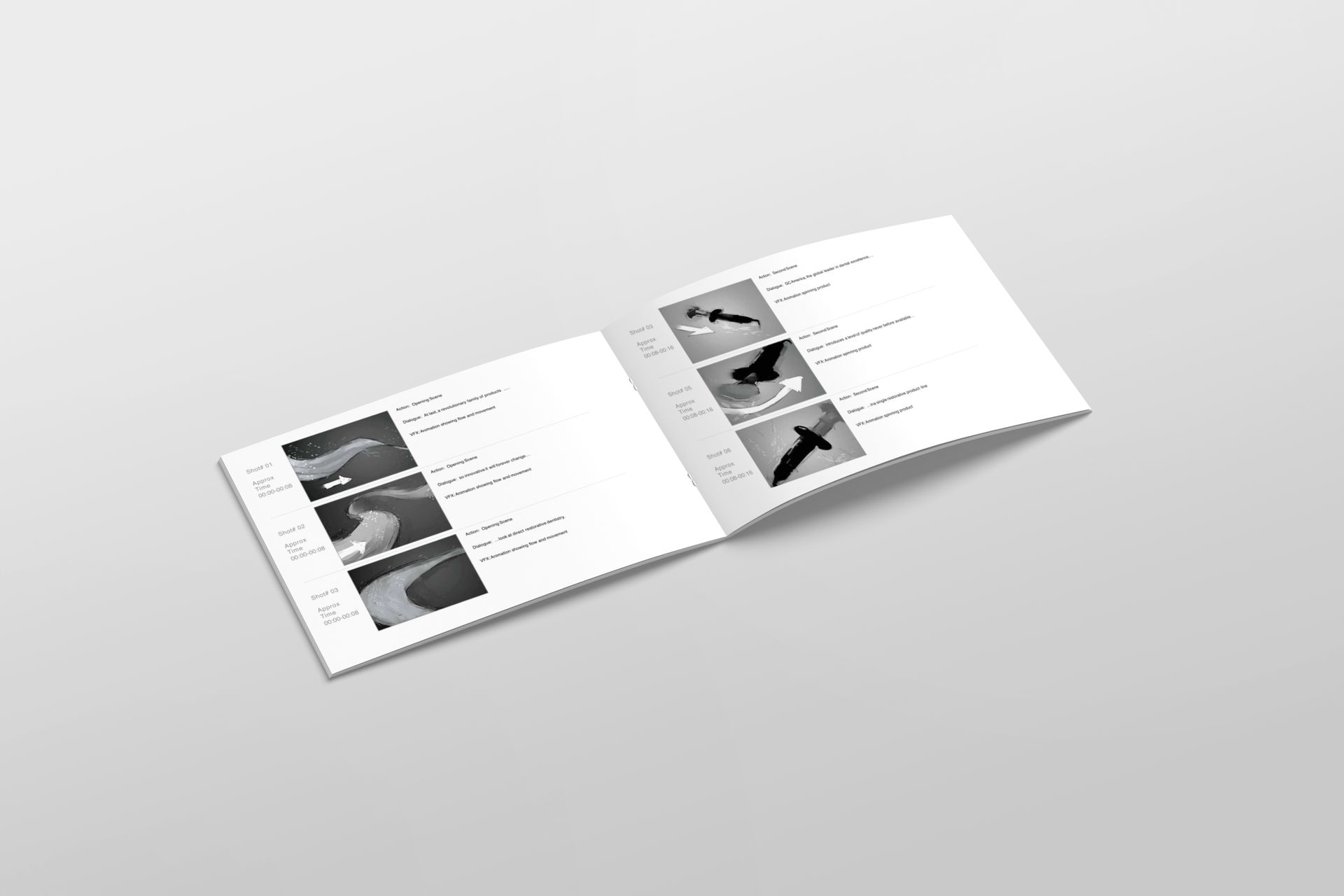 Open brochure with grayscale images and text on a light gray surface.