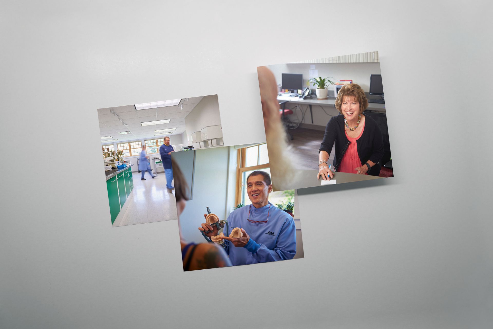 Three photos: exterior of a building, staff interacting, staff working with equipment; all in a medical setting.