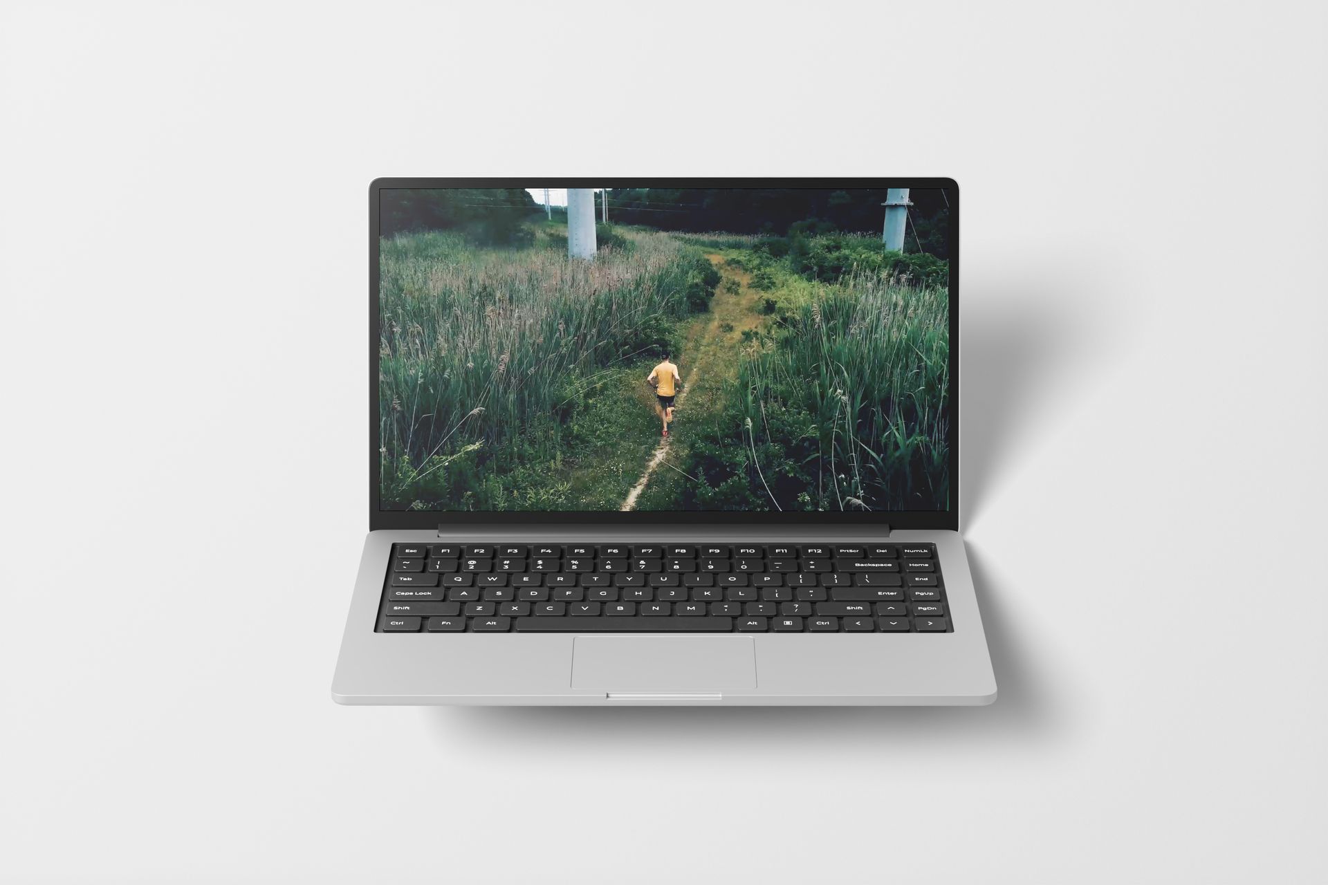 Laptop displaying a person walking through a field, under a bridge.