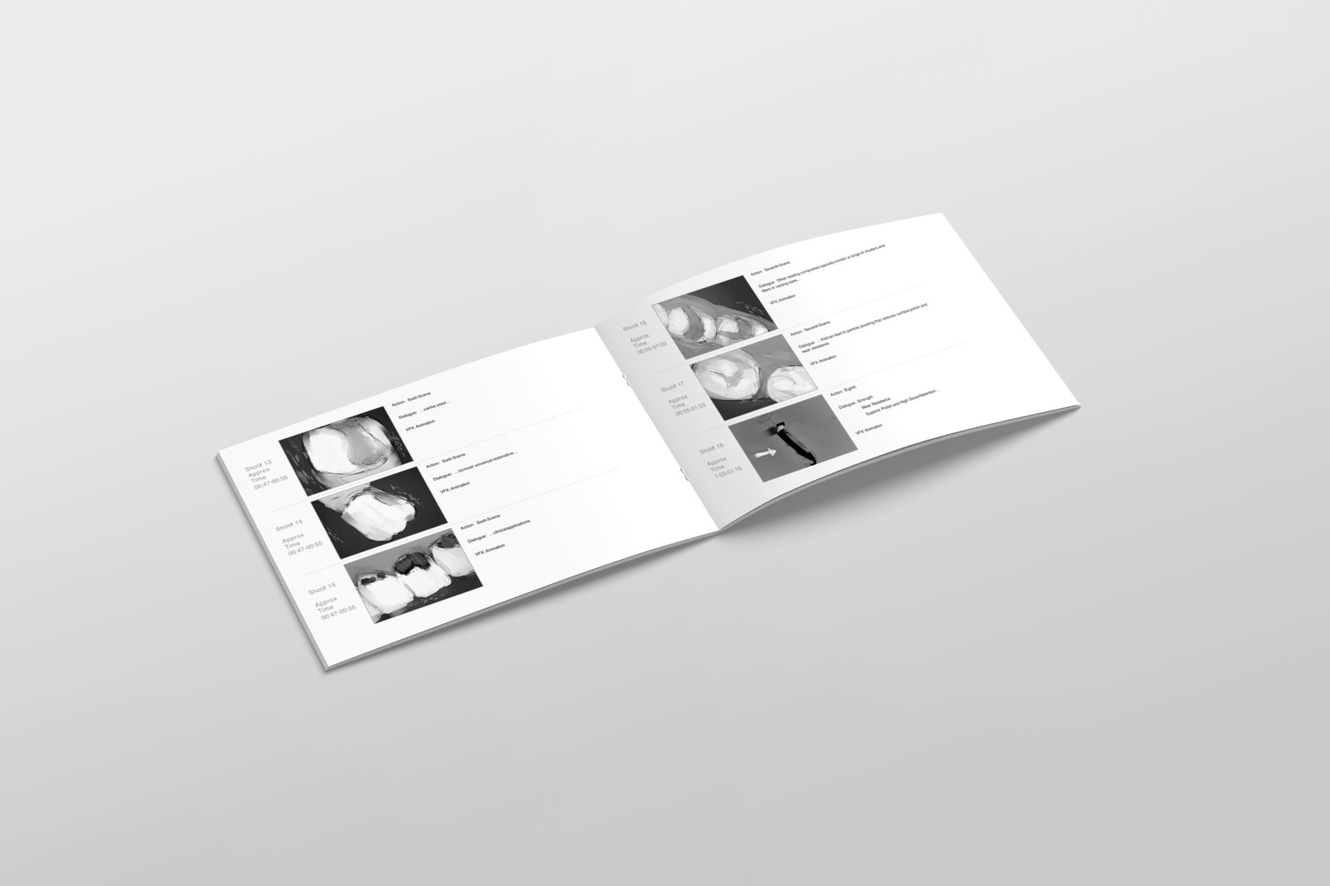 Open booklet with medical images and text on a gray background.