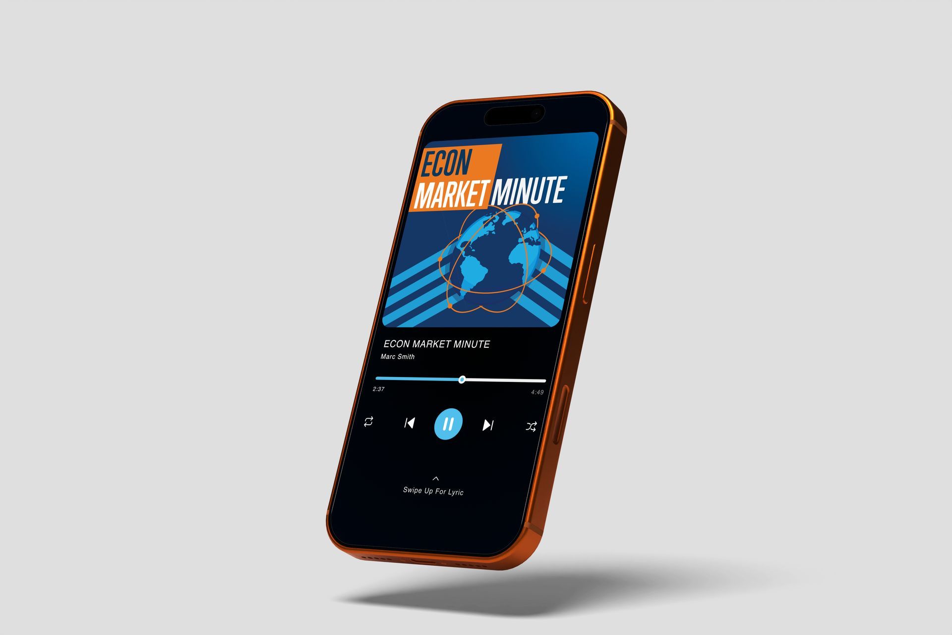 Smartphone playing a podcast. The phone is orange and black. The podcast title is 