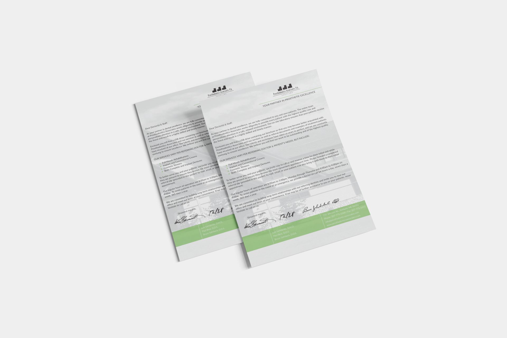Two light green and white documents on a white background.