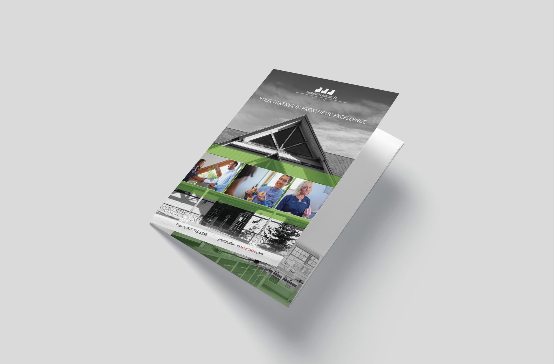 Brochure promoting a building, featuring photographs and a logo.