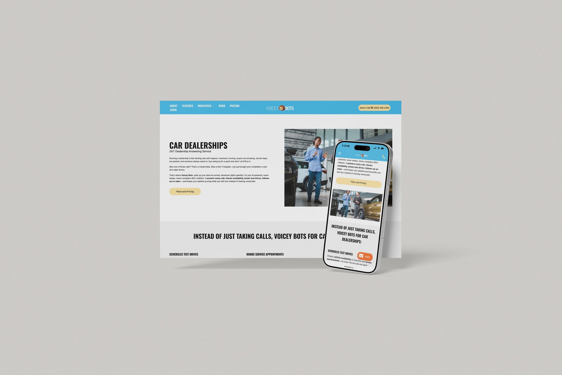 Website mockup with phone, showing content about car dealerships on a white background.