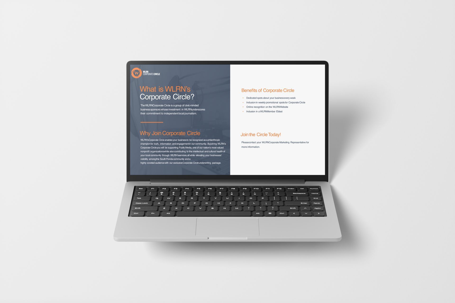 Laptop displaying a presentation on a white background.