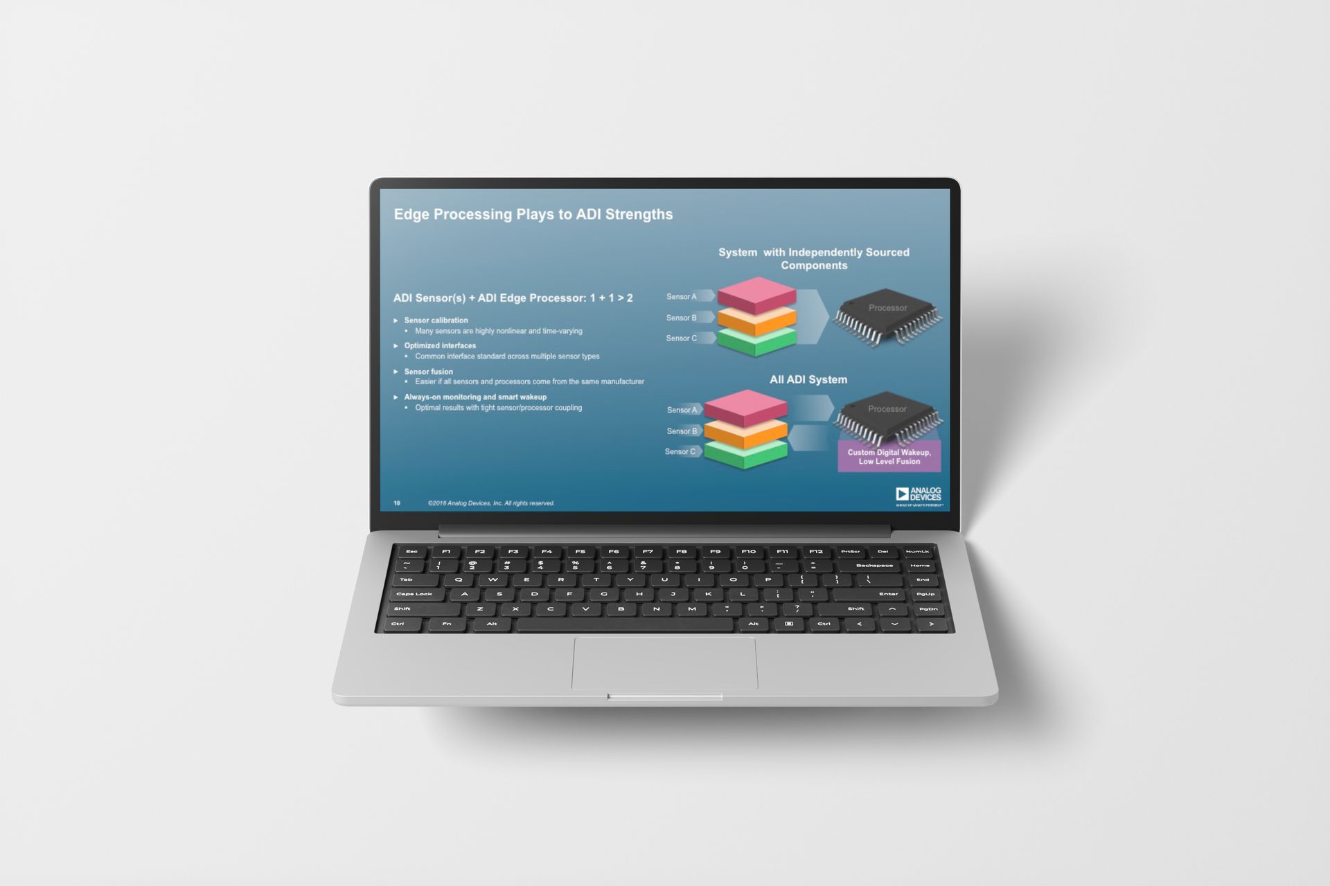 Laptop displaying a diagram of layered microchips with text descriptions, on a white surface.