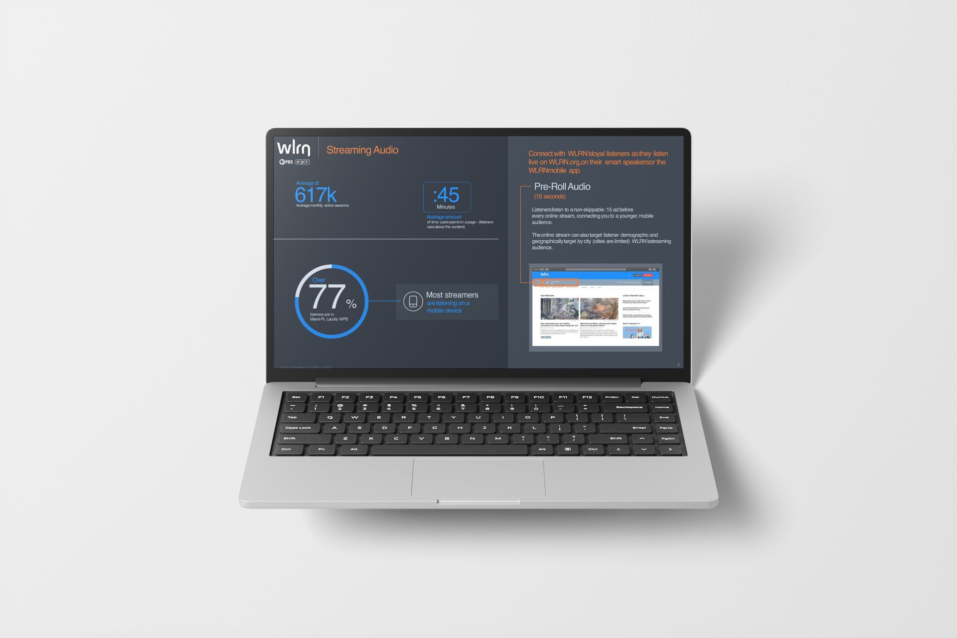 Laptop displaying a dark-themed data dashboard with a percentage graphic, graphs, and a web page screenshot.