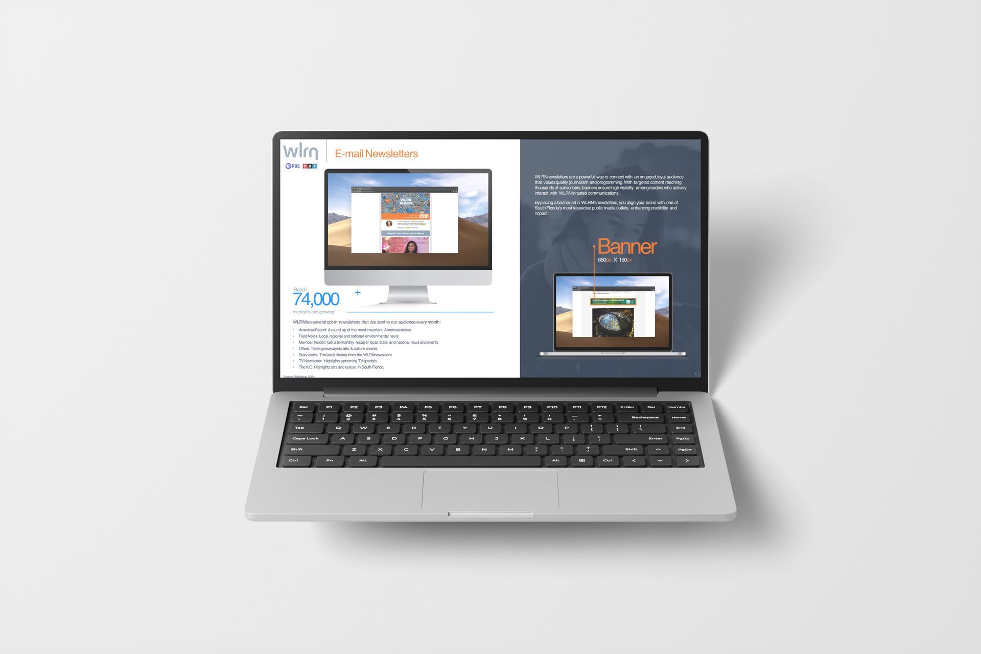 Laptop displaying a webpage with screenshots and text about a design.