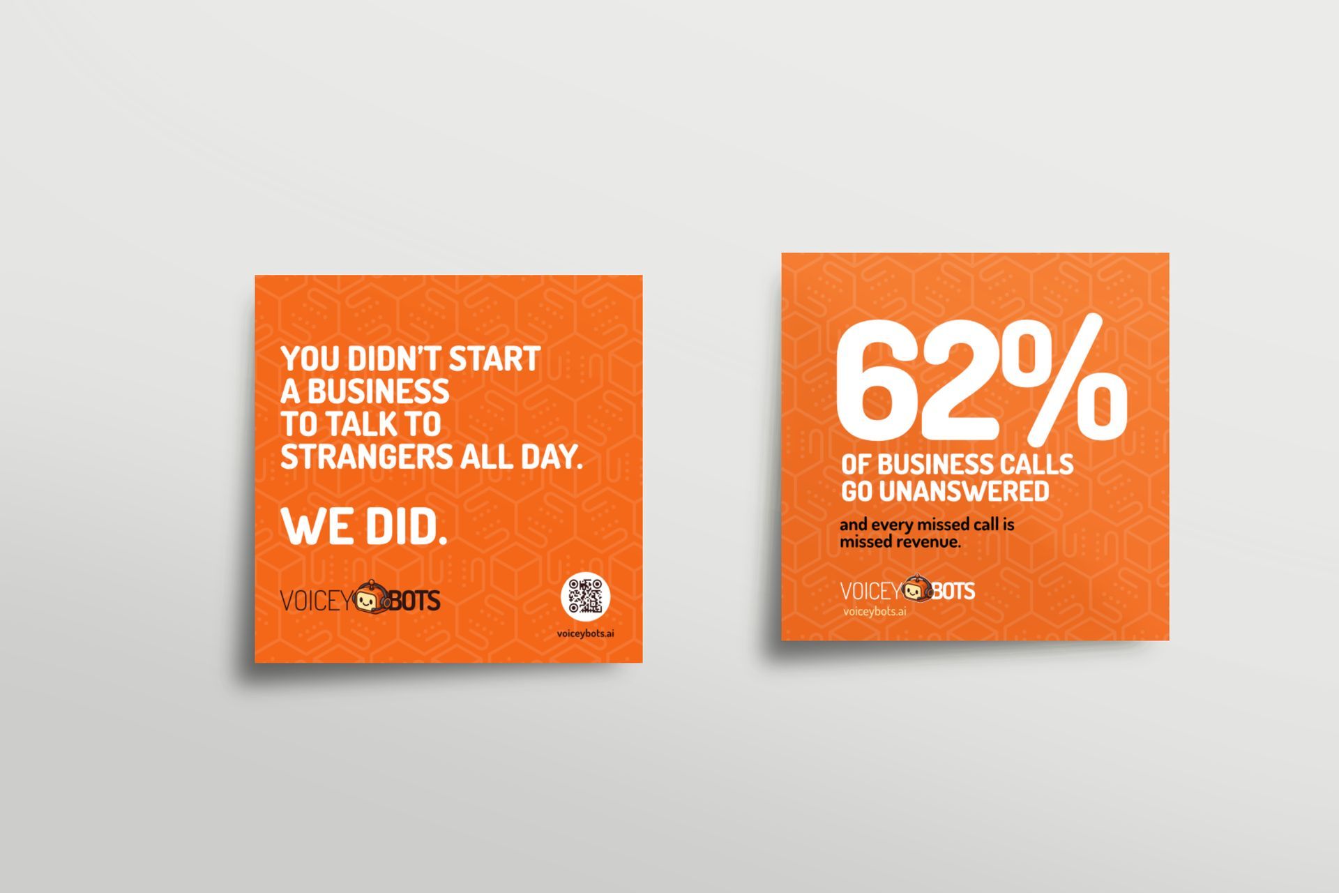 Two orange cards with white text. One says 