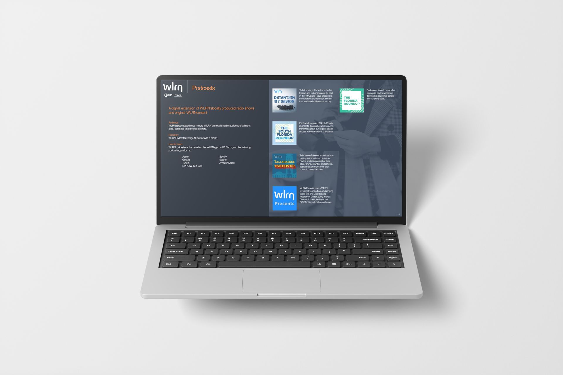 Laptop with a website showcasing different services or apps. Dark gray background with white text and colored icons.