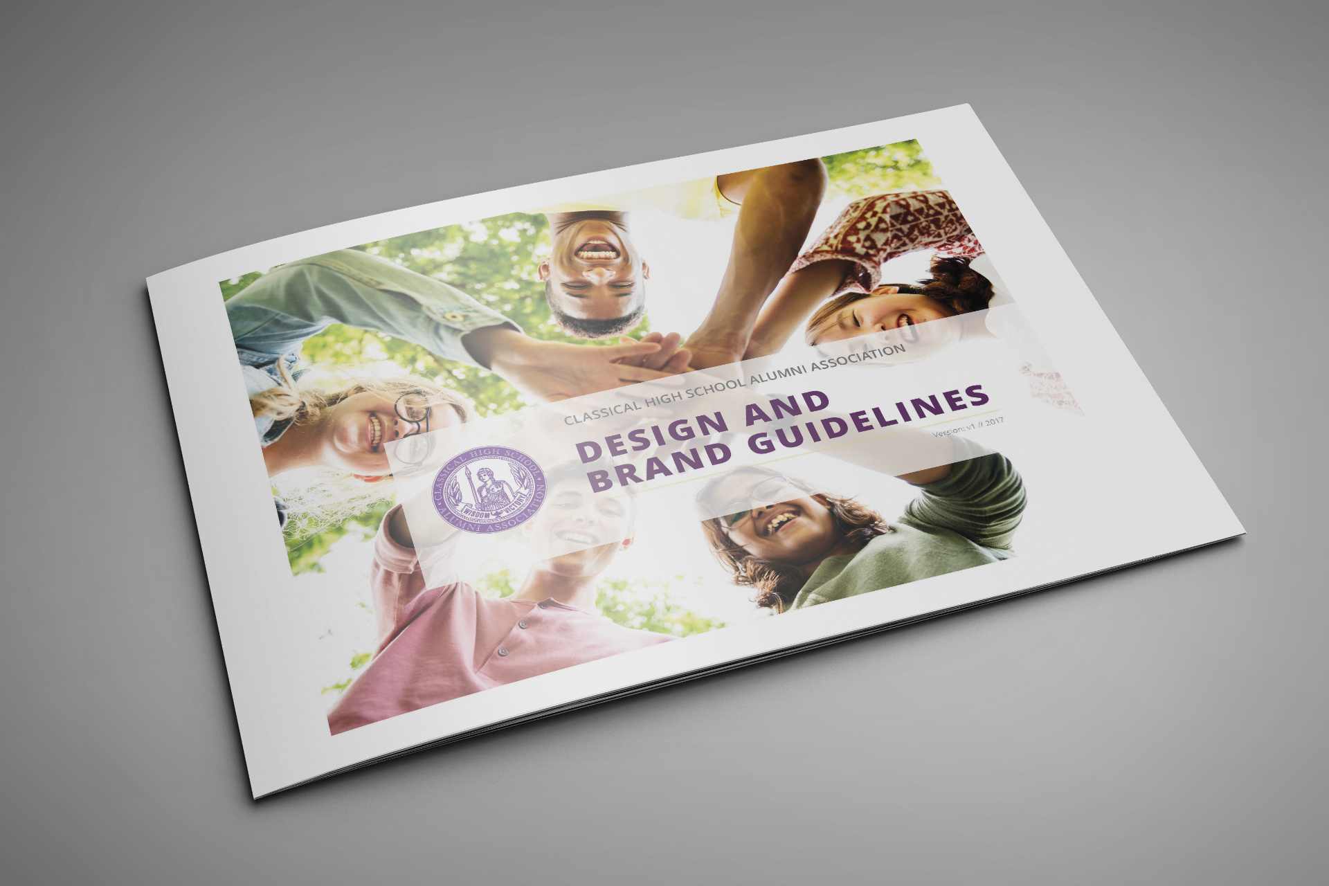 Brochure cover: people smiling together, holding hands, with the words 