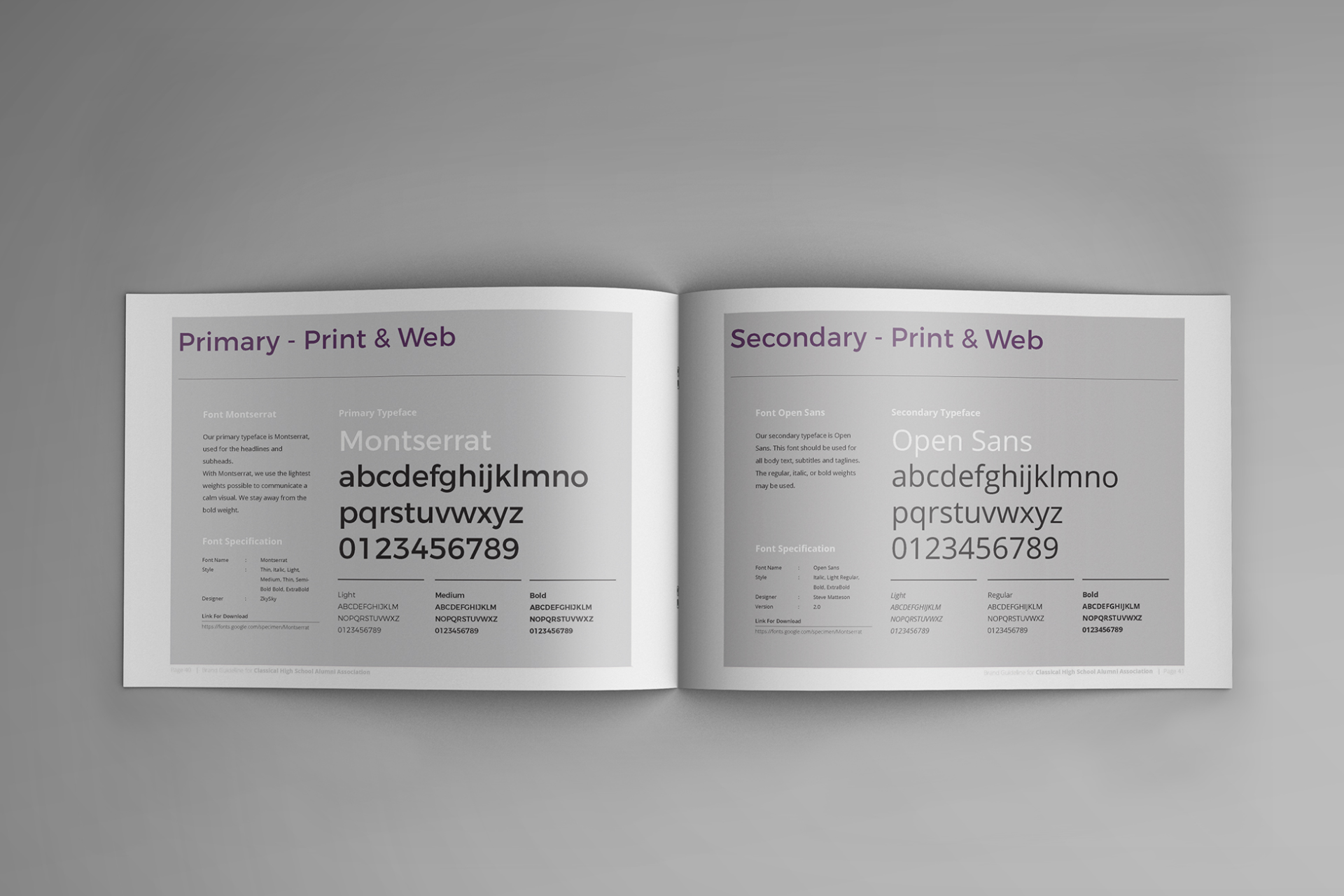 Spread of a printed guide showing typography samples; 