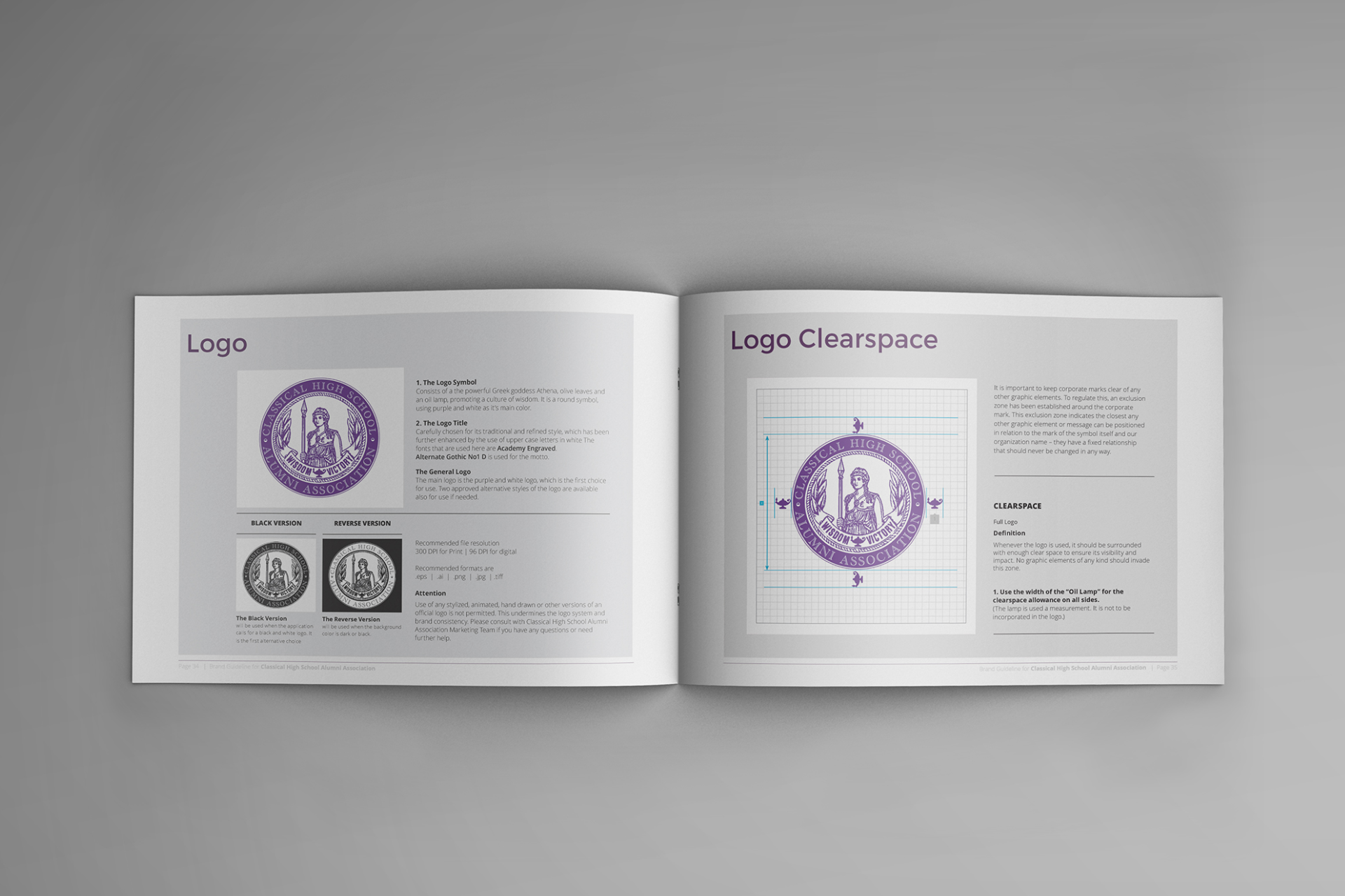 Brochure spread featuring a purple circular logo on a gray background. Design details and clear space guidelines are shown.