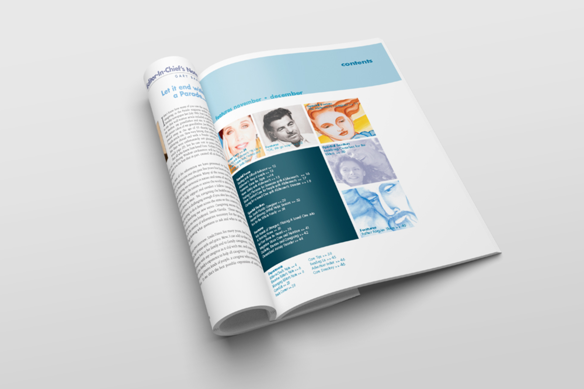 Open magazine with article and photos on white surface.