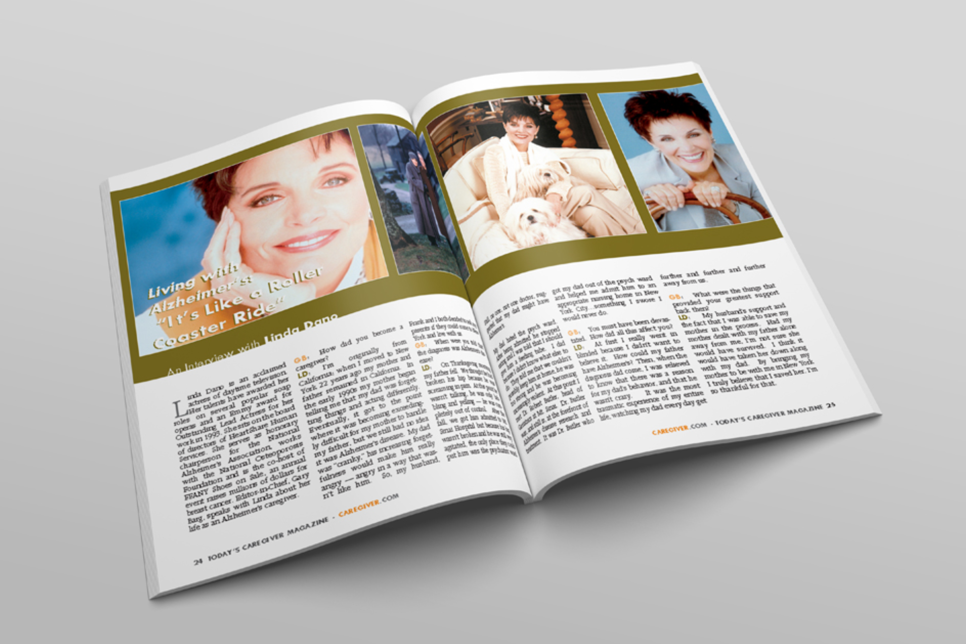 Open magazine featuring photos of woman, text article, and green border design.