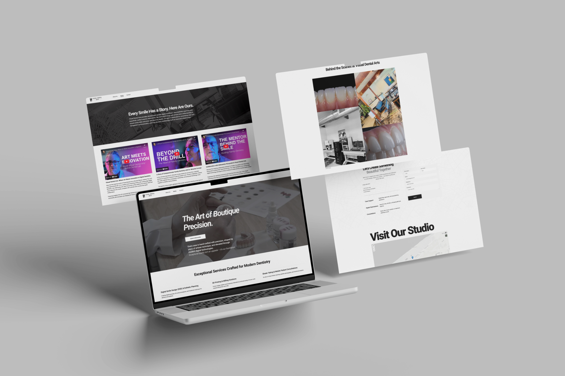 Laptop with three website mockups, gray background.