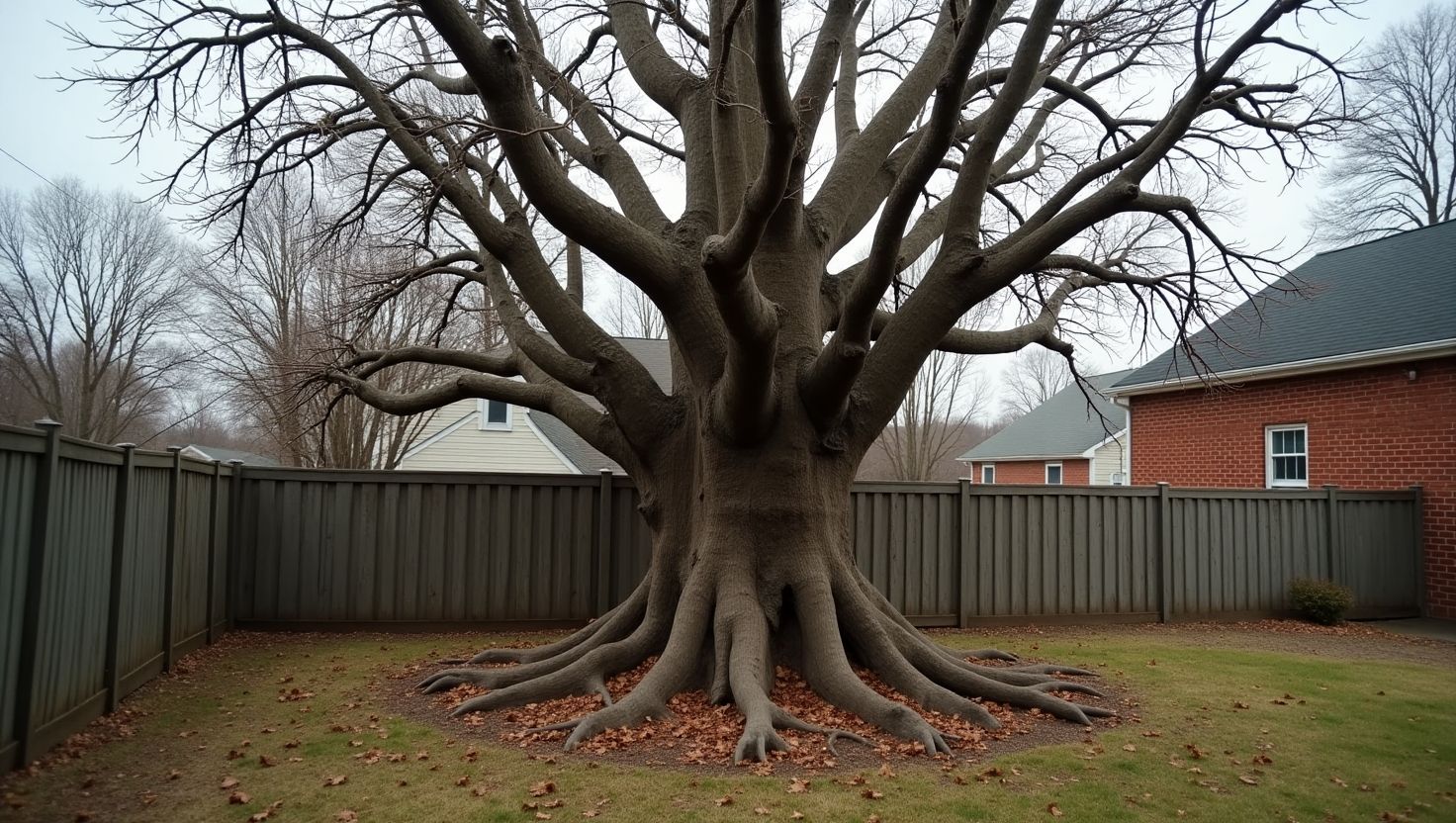 Large backyard tree with damaged and pruned limbs, showing signs of improper tree care in a resident