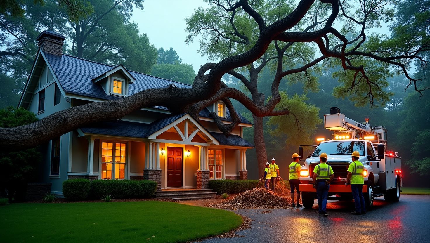 Emergency tree removal crew responding to a large fallen oak tree on a residential roof at dusk.