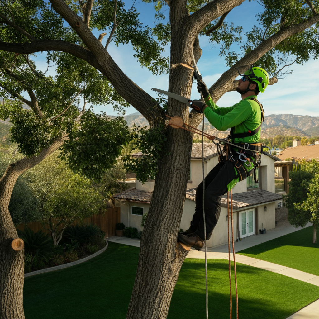Professional Tree Trimming in Orange County. A man is cutting a tree with a chainsaw
