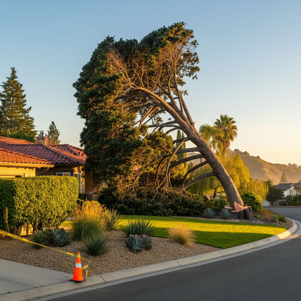 Large tree fallen across a front lawn, yellow caution tape, orange cone, house in the background.