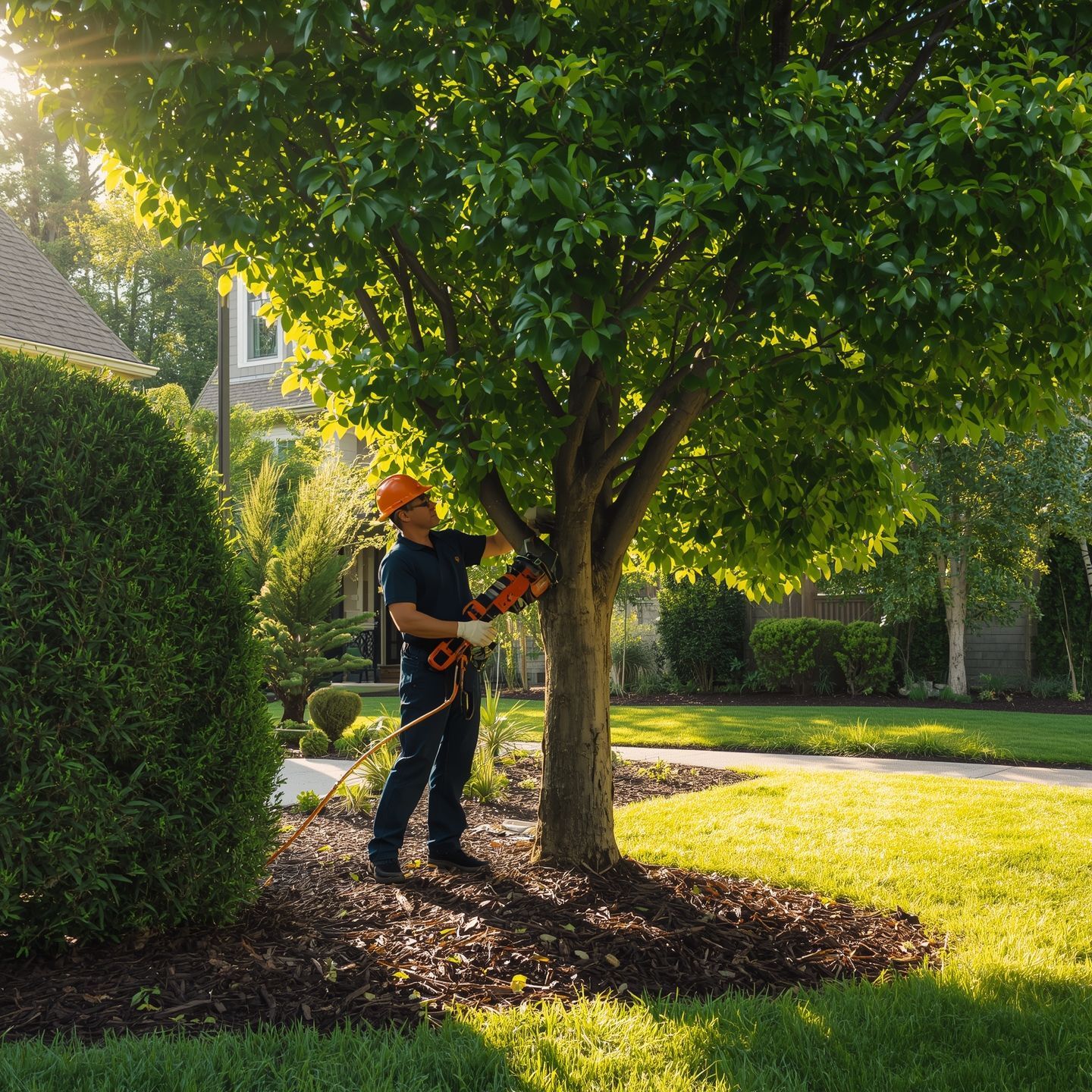 Professional arborist performing sustainable tree trimming in a residential garden.